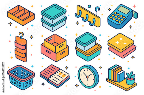 Colorful Organization Icons. Home organization tools. Colorful isometric vector icons set of Home organization tools: drawer dividers, clear storage bins, wall
