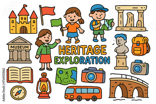 Heritage Doodle Adventure. heritage exploration. Colorful Hand-drawn doodle Children illustration heritage exploration castle, museum, ancient monument, guide,