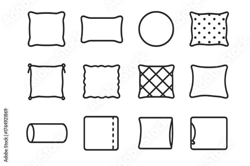 Pillow Icon Collection. Pillow Designs. Line icon set of Pillow Designs: square pillow, rectangle pillow, round pillow, patterned pillow, tassel pillow, fluffy