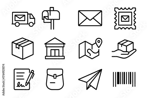 Mail Delivery Icons. Mail Delivery. Line icon set of Mail Delivery: mail truck, mailbox, envelope, postage stamp, parcel box, post office, delivery route map,