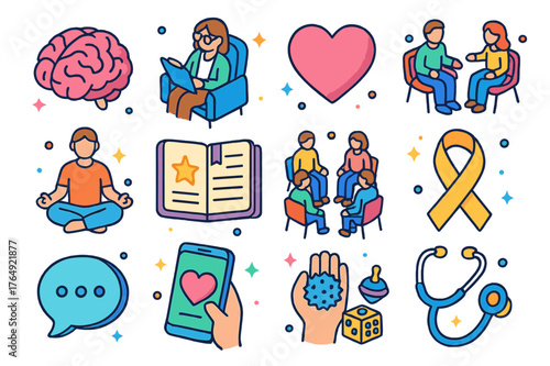 Mental Health Icons. Mental health support. Colorful isometric vector icons set of mental health support: brain, therapist, heart, counseling