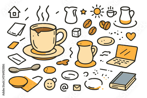 Chipped Mug Morning. Chipped coffee mug. Hand-drawn doodle illustration coffee mug (colored), chipped rim (colored), coffee steam (colored), handle, saucer