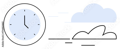 Analog clock paired with swiftly moving clouds symbolizing time, speed, efficiency, and progress. Ideal for time management, productivity, deadlines, scheduling, business pacing simple flat