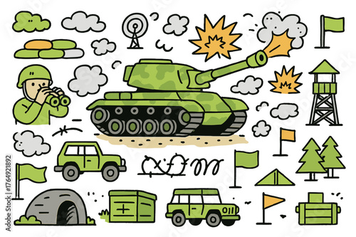 Colorful Battlefield Doodle. Tank battle. Hand-drawn doodle illustration tank (colored), turret (colored), cannon (colored), tracks (colored), sandbags