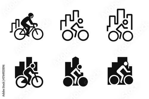 Urban Cycling Logos. Urban cycling. Set Logo of Urban cycling: city skyline behind rider. harmonious logo variations of the same emblematic concept, each with