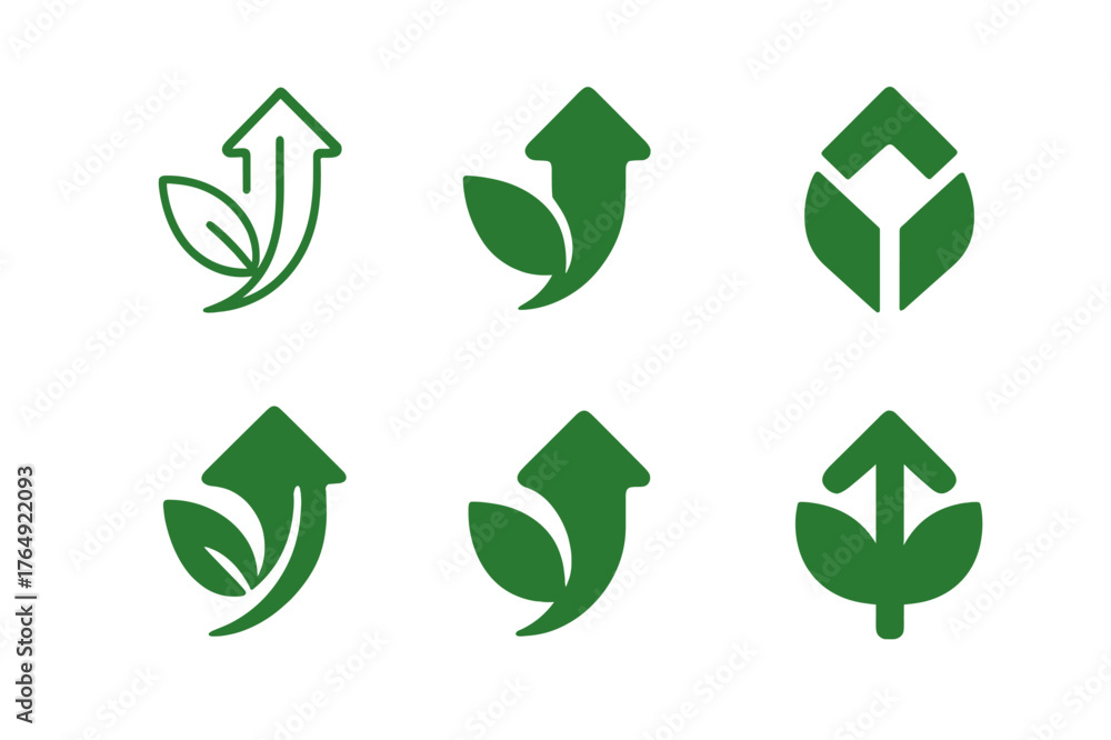 Obraz premium Sustainable Growth Logos. Green economy. Set Logo of sustainable growth: upward arrow with leaf. Icon set. harmonious logo variations of the same emblematic