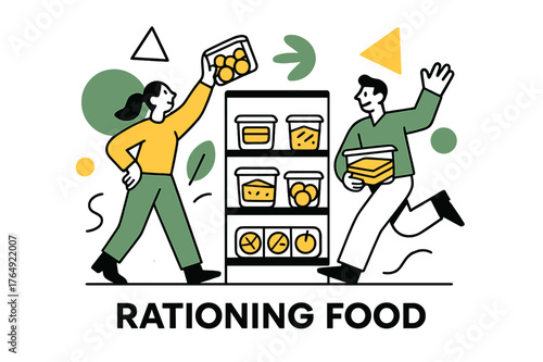 Sustainable Food Rationing. Rationing Food. Shelves stocked with pre-portioned food items and floating abstract geometric shapes, organized and sustainable