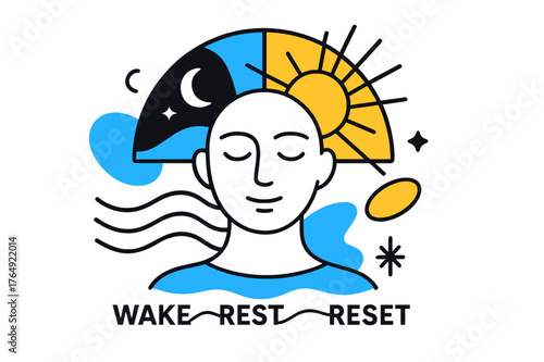Circadian Harmony. Circadian Rhythm Balance. A sunrise clock arcs from night to day behind a calm face; ?Wake ? Rest ? Reset? floats in rhythm lines. Rays and