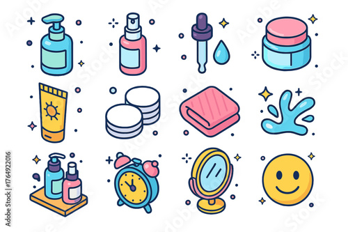 Skincare Icons Set. Daily skincare routine. Colorful isometric vector icons set of Daily skincare routine: cleanser bottle, toner spray, serum dropper,