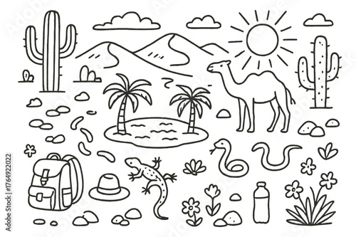 Desert Doodle Icons. Desert Landscape. Hand-drawn doodle illustration Desert Landscape sand dunes, cactus, sun, rocks, camel, oasis, palm tree, footprints,