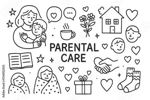 Parental Care Doodle. Parental Care. Hand-drawn doodle illustration Parental Care mom comforting child, hugging, heart, speech bubbles, cup of tea, blanket,