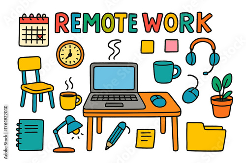 Colorful Remote Work Doodles. remote work. Colorful Hand-drawn doodle Children illustration remote work laptop, desk, chair, coffee cup, notebook, pen, plant,