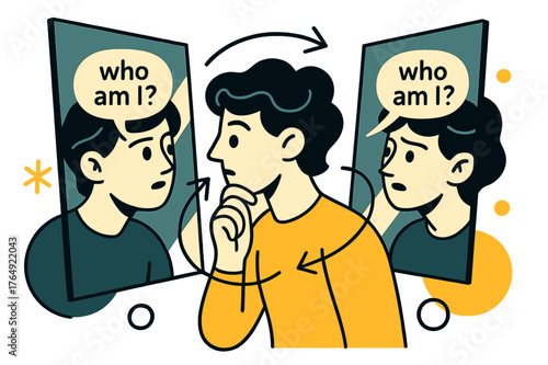 Mirror Whisper Dialogue. Conceptual Portrait ? Mirror Dialogue. A subject faces two offset mirrors; reflections tilt and whisper ?who am I??. Thin arrows loop