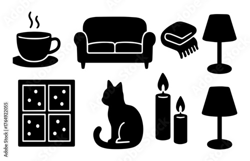 Cozy home icons for relaxation, comfort, and hygge lifestyle
