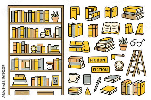 Cozy Home Library. Home library. Hand-drawn doodle illustration bookshelf (colored), hardcover books (colored), paperback books (colored), book