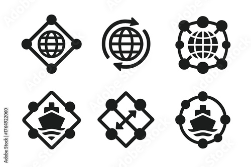 Trade Route Logos. Trade Policies. Set Logo of Trade Route Map: Filled silhouette, Abstract geometric, Negative space, Symmetrical form, Stylized detail,