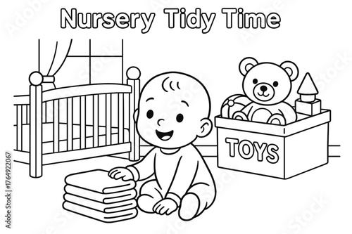 Nursery Tidy Time. Nursery tidy time children?s coloring book illustration, outlined drawing, a baby sitting with a stack of folded clothes beside a crib and