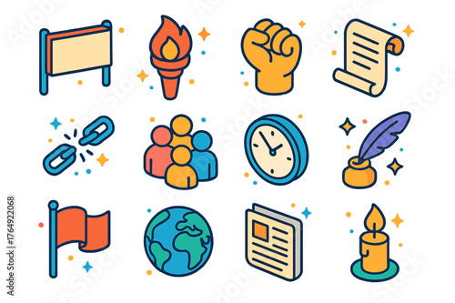 Icons of Change. Moments of change. Colorful isometric vector icons set of moments of change: protest banner, torch, raised fist, historic document, broken