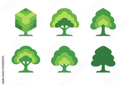 Rainforest Canopy Logos. Rainforest canopy. Set Logo of Rainforest canopy: layered treetop crowns. harmonious logo variations of the same emblematic concept,
