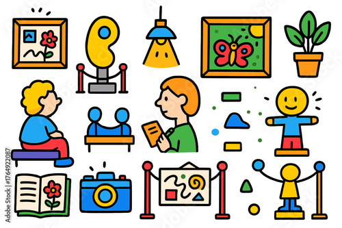 Contemporary Art Gallery. contemporary art viewing. Colorful Hand-drawn doodle Children illustration contemporary art viewing person, art installation,