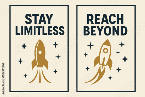 Limitless Banners. Stay limitless. Two vertical A6 banners with safe margins, centered composition, no elements touching edges, bold, navy and gold, objects