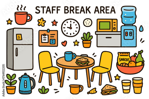 Colorful Staff Break Area. staff break area. Colorful Hand-drawn doodle Children illustration staff break area table, chairs, coffee machine, fridge,