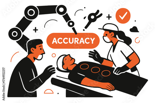 Robotic Surgery Precision. Healthcare Tech ? Robotics in Surgery. Robotic arms extend delicately over a stylized patient; soft circles mark precision points.