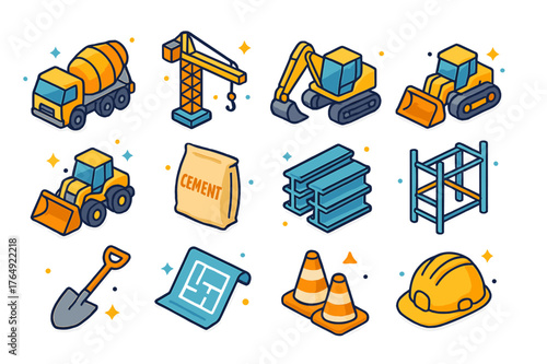Colorful Construction Icons. Construction equipment. Colorful isometric vector icons set of construction equipment: concrete mixer truck, crane, excavator,