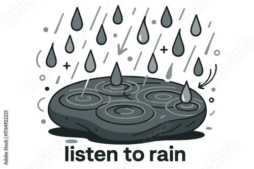 Rhythmic Rain Ripples. Pebble ? Rain Pattern. Ripples overlap across a flat stone surface; droplets fall in calm rhythm. Caption ?listen to rain?. Modern flat