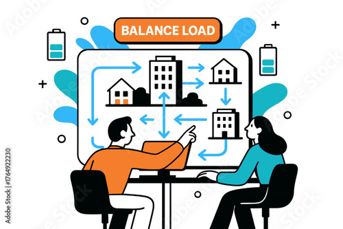 Smart Grid Balance. Smart Grid Control. Operators watch simplified city blocks glow as power flows animate in arrows; ?Balance Load? pulses on a floating tile.
