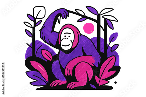 Orangutan Abstract Oasis. Endangered Species. Orangutan in the rainforest with floating abstract geometric shapes and soft glowing accents, rare and gentle