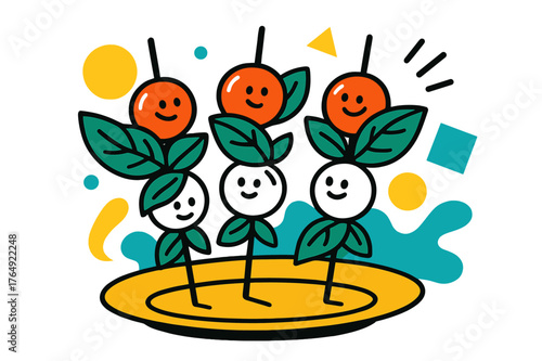 Colorful Caprese Skewers. Caprese Skewers. Colorful skewers with basil leaves and mozzarella balls on a platter with floating abstract geometric shapes, fresh