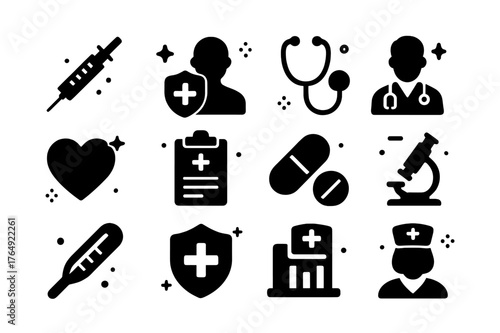 Icons of Preventive Care. Preventive Care. Solid icons set of Preventive Care: vaccination syringe, health checkup, stethoscope, doctor, heart, clipboard,