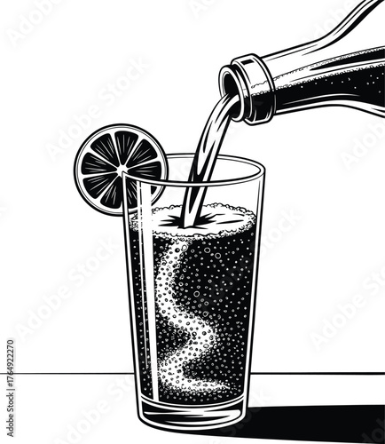 Soda Pouring into Glass Vector, Lemon Drink Illustration Clipart.