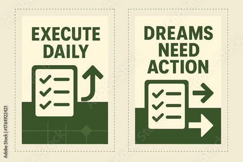 Motivational Banners. Execute daily. Two vertical A6 banners with safe margins, centered composition, no elements touching edges, geometric, olive green and