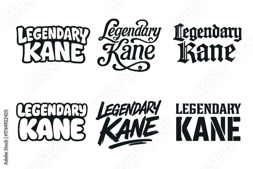 Legendary Kane Lettering Styles. Legendary Kane. Set lettering. harmonious lettering variations of the same emblematic concept (Funky cartoon-style lettering,