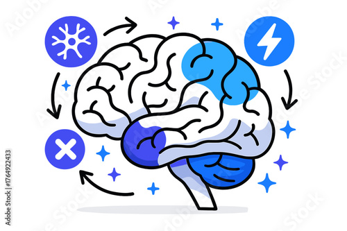 Brain Disorder Illustration. Brain disorders and conditions. Abstract illustration of brain disorders showing affected regions with floating neural icons,