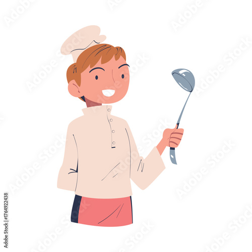 Man Chef in Uniform with Ladle Engaged in Professional Job Vector Illustration