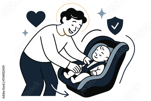 Secure Baby in Carseat. Everyday safety. Parent glowing as they place baby gently into secure car seat. Floating icons of heart, shield, and sparkle showing