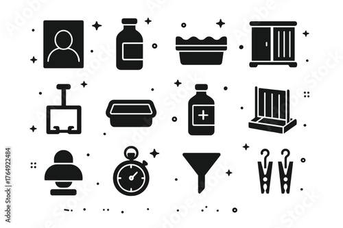 Wet Plate Icons. Wet Plate Collodion. Solid icons set of Wet Plate Collodion: glass plate, collodion bottle, silver nitrate bath, portable darkbox, dip holder,