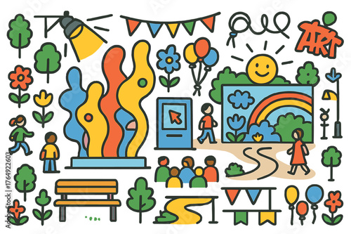 Colorful Public Art Installation. art in public space. Colorful Hand-drawn doodle Children illustration art in public space sculpture, mural, colorful shapes,