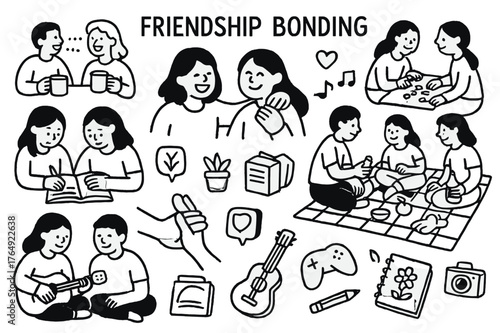 Friendship Doodle Delight. Friendship Bonding. Hand-drawn doodle illustration Friendship Bonding people talking, laughing, sharing coffee, hugging, playing