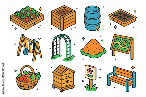 Urban Garden Icons. Urban community gardens. Colorful isometric vector icons set of Urban community gardens: raised beds, compost bin, rain barrel, seedling