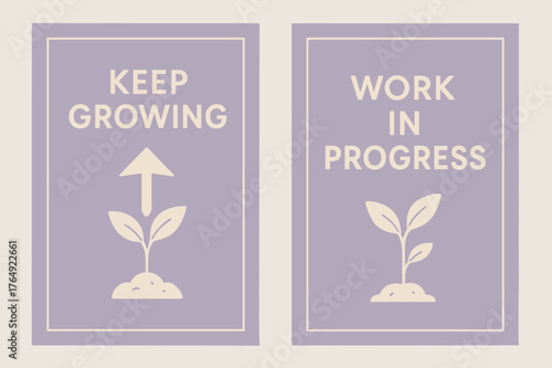 Keep Growing Banners. Keep growing. Two vertical A6 banners with safe margins, centered composition, no elements touching edges, minimal, lavender and cream,
