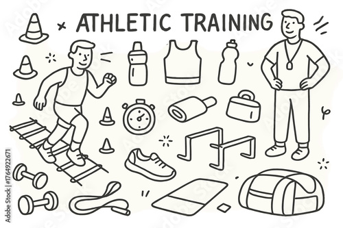 Athletic Training Sketch. Athletic Training. Hand-drawn doodle illustration Athletic Training athlete, agility ladder, cones, sneakers, stopwatch, sportswear,