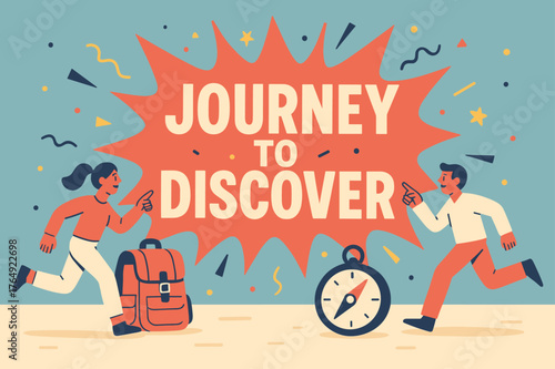 Discover Adventure Art. Journey to discover banner, flat vector illustration, bold oversized text inside splash explosion, cartoon characters running and