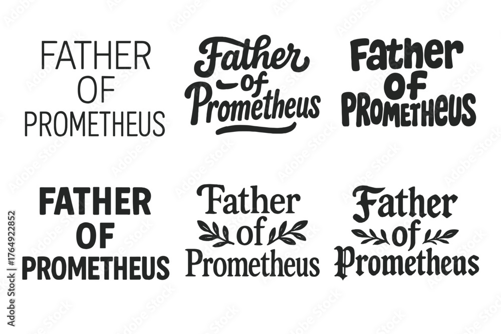 Fototapeta premium Prometheus Lettering Variations. Father of Prometheus. Set lettering. harmonious lettering variations of the same emblematic concept (Modern minimal monoline