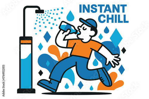 Instant Chill Fusion. Mister + Cold Water Combo. Spritz from a sidewalk mister meets a gulp from a bottle; ?Instant Chill? glows in tidy caps. Heat haze breaks