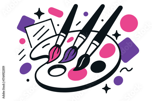 Vibrant Painting Moment. Palette with Paintbrushes. Close-up of brushes dipping into vibrant paints on a palette with floating abstract geometric shapes,