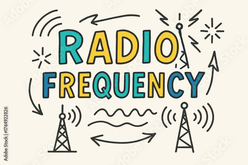 Playful Radio Waves. Doodle / Sketch ? "Radio Frequency" in playful hand-drawn letters, rough sketch outlines with arrows, waves, transmitters, and spark icons